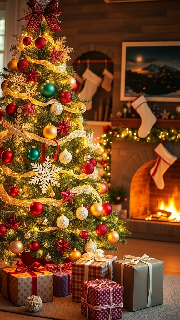 A cozy Christmas photo shoot setup with a decorated tree, fireplace, and wrapped gifts.